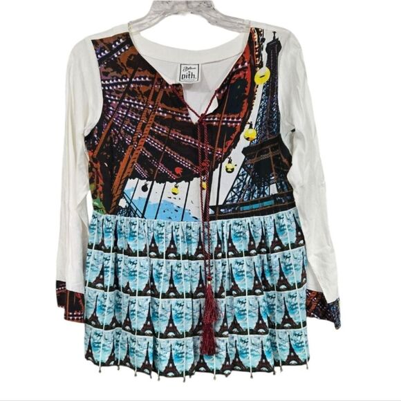 Pith Wanderlust Paris Eiffel Tower Blouse White Printed Top Unique Artistic Fun - Picture 13 of 13